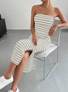 SHEIN Essnce 條紋圖案高衩抹胸洋裝 - 灰色 - 查看 5