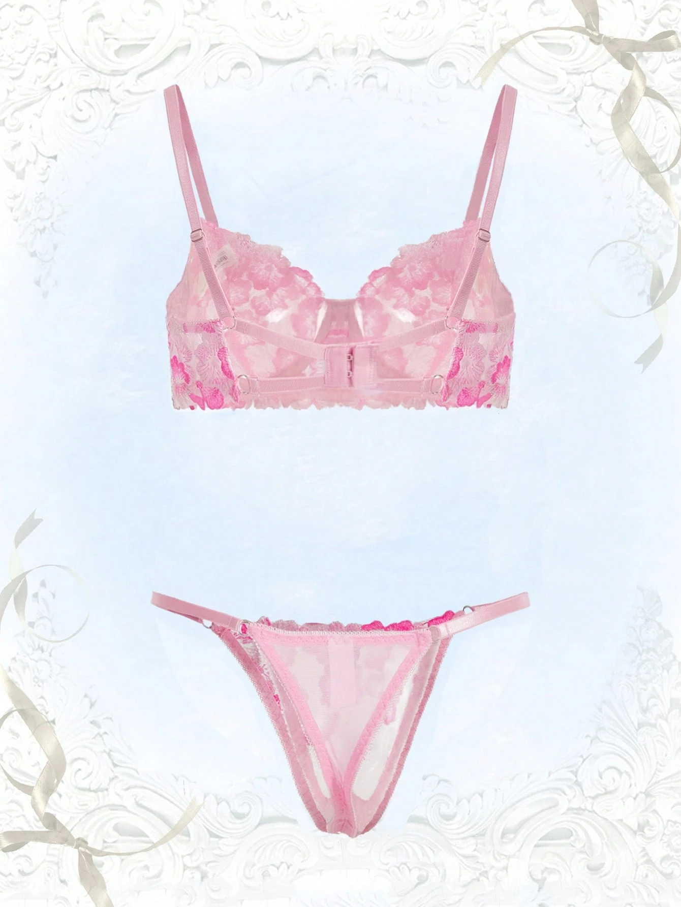 mio&rui♡ Our Kawaii Floral Embroidery Mesh Underwire Lingerie Set is