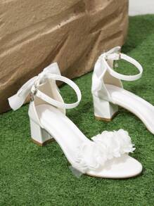Women Flower & Bow Decor Chunky Heeled Sandals, Elegant White Ankle Strap Sandals For Summer Valentines