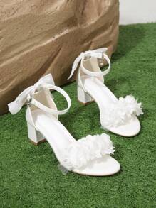 Women Flower & Bow Decor Chunky Heeled Sandals, Elegant White Ankle Strap Sandals For Summer Valentines