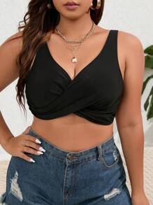 SHEIN Swim Curve Summer Plus Size Twist Front Crop Tank Top - Black - View 1