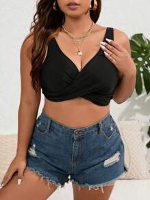 SHEIN Swim Curve Summer Plus Size Twist Front Crop Tank Top - Black - View 3