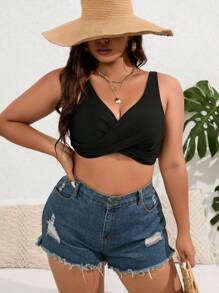 SHEIN Swim Curve Summer Plus Size Twist Front Crop Tank Top - Black - View 5