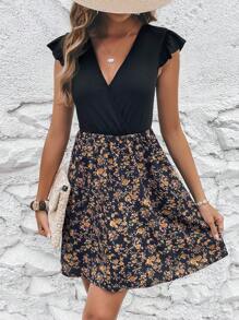 SHEIN LUNE Floral Print Surplice Neck Ruffle Trim Dress - Black - View 1