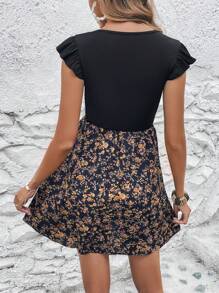 SHEIN LUNE Floral Print Surplice Neck Ruffle Trim Dress - Black - View 2