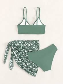 Conjunto de bikini con anillos enlazados y falda con estampado floral a juego, para playa de verano, para adolescentes - Verde - Ver 2