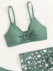 Conjunto de bikini con anillos enlazados y falda con estampado floral a juego, para playa de verano, para adolescentes - Verde - Ver 3