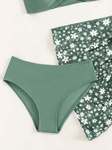 Conjunto de bikini con anillos enlazados y falda con estampado floral a juego, para playa de verano, para adolescentes - Verde - Ver 4