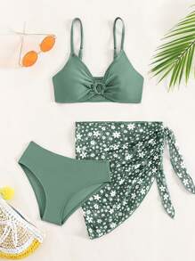 Conjunto de bikini con anillos enlazados y falda con estampado floral a juego, para playa de verano, para adolescentes - Verde - Ver 5