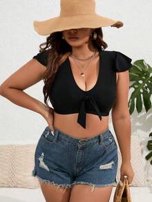 SHEIN Swim Curve Plus Knot Front Bikini Top - Black - View 5