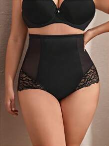 Plus Contrast Lace High Waisted Shapewear Panty - Black - View 1