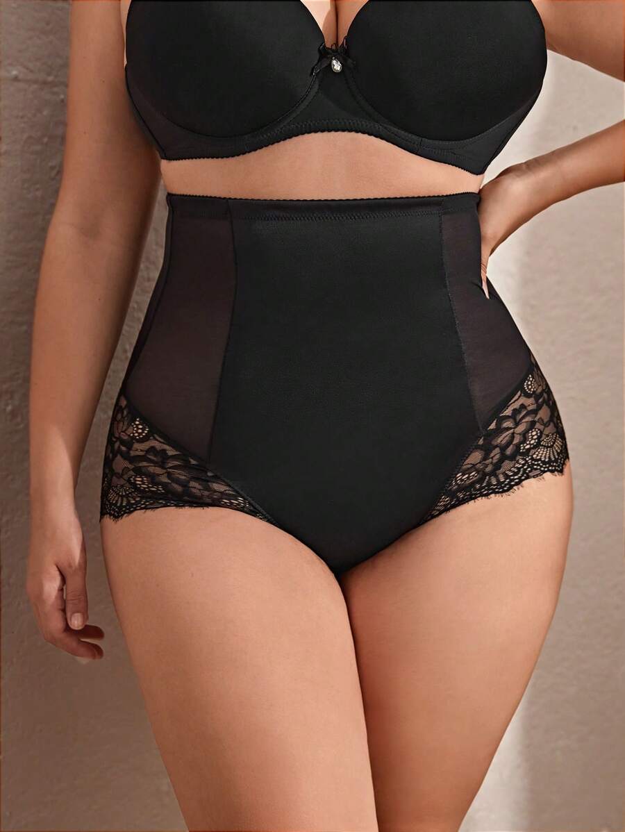 Plus Contrast Lace High Waisted Shapewear Panty - Black - View 1