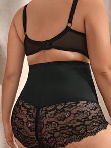 Plus Contrast Lace High Waisted Shapewear Panty - Black - View 2