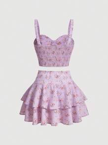 SHEIN MOD 小碎花吊帶上衣和雙層下擺半身裙 - 紫丁香色 - 查看 2