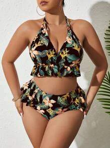 SHEIN Swim Curve Plus Size Tropical Print Ruffle Hem Halter Bikini Set Summer Beach - Multicolor - View 1
