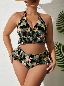 SHEIN Swim Curve Plus Size Tropical Print Ruffle Hem Halter Bikini Set Summer Beach - Multicolor - View 4