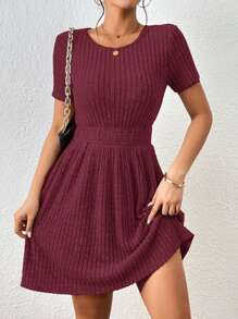 SHEIN Frenchy Solid Ribbed Knit A-Line Dress Christmas Casual Red - Burgundy - View 1