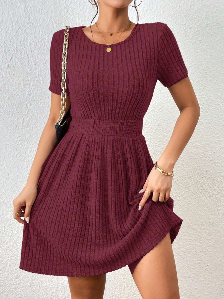 SHEIN Frenchy Solid Ribbed Knit A-Line Dress Christmas Casual Red - Burgundy - View 1