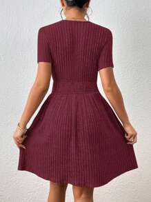 SHEIN Frenchy Solid Ribbed Knit A-Line Dress Christmas Casual Red - Burgundy - View 2