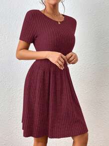 SHEIN Frenchy Solid Ribbed Knit A-Line Dress Christmas Casual Red - Burgundy - View 3