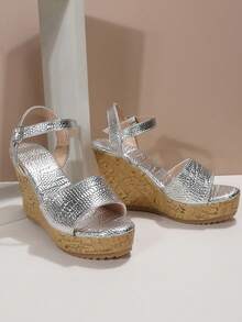 Women Metallic Crocodile Embossed Ankle Strap Sandals, Glamorous Silver Wedge Sandals - Silver - View 4