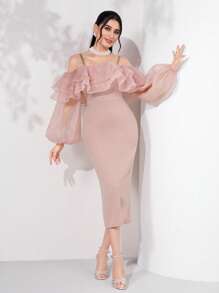 Modelyn 挖肩荷葉邊燈籠袖後背開衩連衣裙 - 淺粉色 - 查看 3