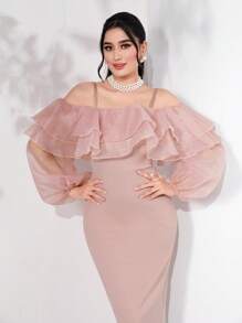 Modelyn 挖肩荷葉邊燈籠袖後背開衩連衣裙 - 淺粉色 - 查看 5