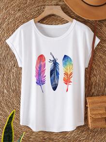 SHEIN LUNE Áo thun nữ Bộ lạc Giải trí - trắng - Xem 1