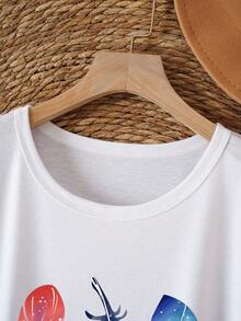 SHEIN LUNE Áo thun nữ Bộ lạc Giải trí - trắng - Xem 3