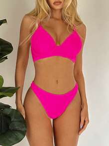 SHEIN Solid Triangle Bikini Set For Summer Beach - Hot Pink - View 1