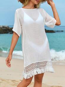 SHEIN Fringe Hem Cover Up Dress - White - View 1