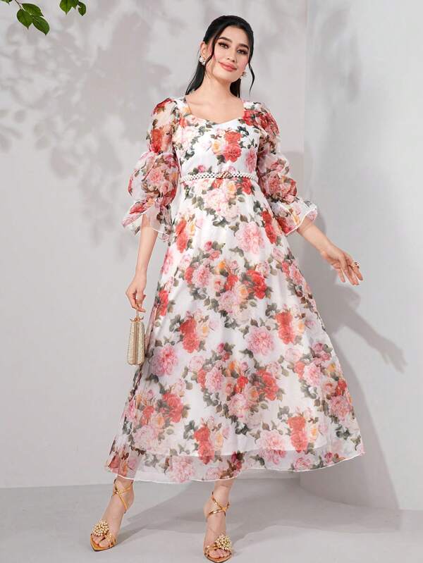 SHEIN Modely Floral Print Flounce Sleeve Dress Without Belt SHEIN