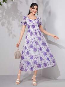 Mulvari Floral Print Puff Sleeve Dress - Purple - View 1