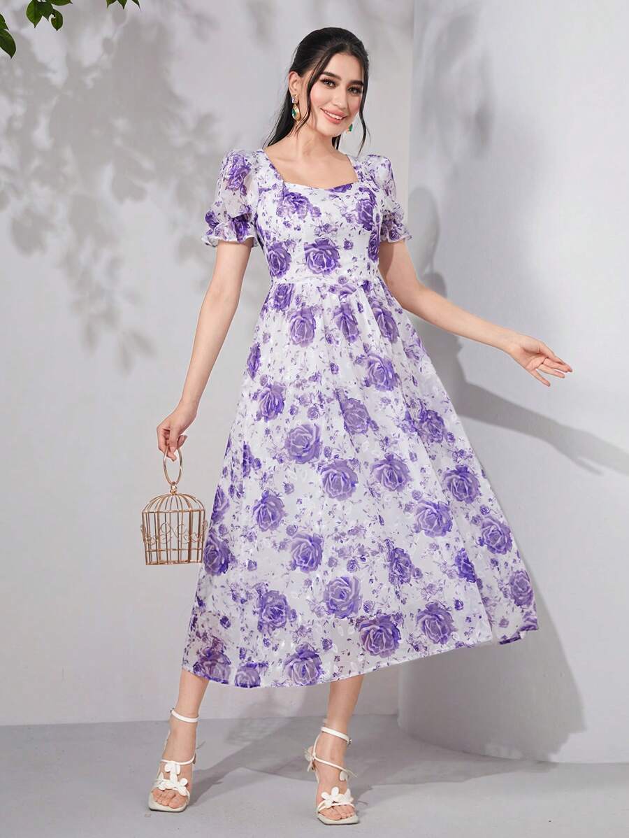 Mulvari Floral Print Puff Sleeve Dress - Purple - View 1