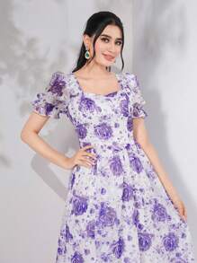 Mulvari Floral Print Puff Sleeve Dress - Purple - View 5
