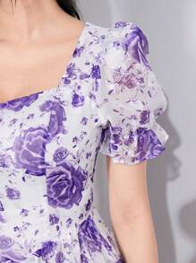 Mulvari Floral Print Puff Sleeve Dress - Purple - View 6