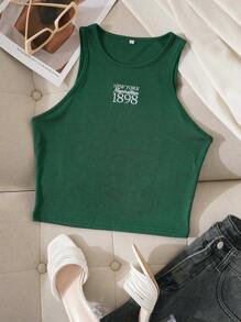 INAWLY Letter Embroidered Crop Tank Top - Dark Green - View 1