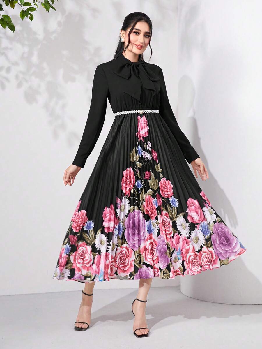 Modelyn 印花繫帶領百褶下擺連衣裙不附腰帶 - 黑色 - 查看 1