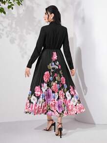 Modelyn 印花繫帶領百褶下擺連衣裙不附腰帶 - 黑色 - 查看 2