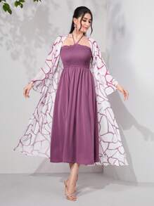 Seusyu Shirred Halter Dress & Flounce Sleeve Allover Print Coat - Pink - View 1
