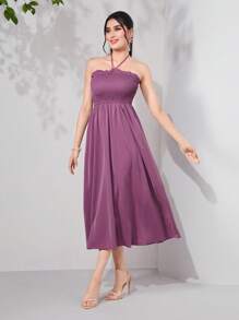 Seusyu Shirred Halter Dress & Flounce Sleeve Allover Print Coat - Pink - View 3