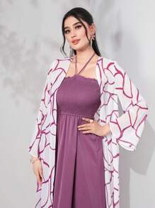 Seusyu Shirred Halter Dress & Flounce Sleeve Allover Print Coat - Pink - View 5