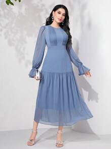 Modelyn Vestido de manga con volante bajo con fruncido - Neblina azul - Ver 1