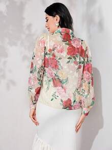 Mulvari Floral Print Button Front Shirt Without Cami Top - Beige - View 2
