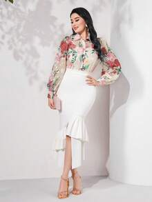 Mulvari Floral Print Button Front Shirt Without Cami Top - Beige - View 5