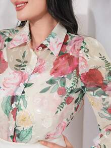 Mulvari Floral Print Button Front Shirt Without Cami Top - Beige - View 6