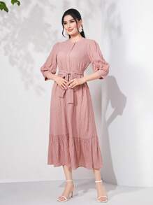 Mulvari Puff Sleeve Ruffle Hem Belted Dress - Dusty Pink - View 3