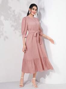 Mulvari Puff Sleeve Ruffle Hem Belted Dress - Dusty Pink - View 4