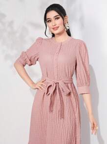 Mulvari Puff Sleeve Ruffle Hem Belted Dress - Dusty Pink - View 5