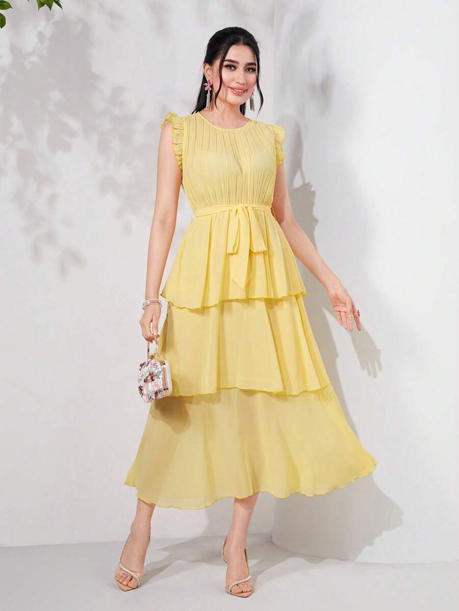 Mulvari 荷葉邊腰帶層疊下擺洋裝 - 黃色 - 查看 1